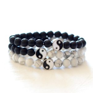 Buddha Stones 3pcs Natural White Turquoise Frosted Stone Bead Yin Yang Wealth Bracelet Bracelet BS White Turquoise&Frosted Stone