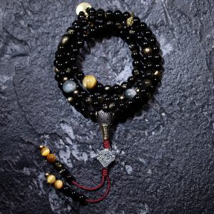 Buddha Stones 108 Mala Beads Gold Sheen Obsidian Tiger Eye Eagle's Eye Stone Wealth Bracelet Mala Bracelet BS 6mm Gold Sheen Obsidian&Tiger Eye