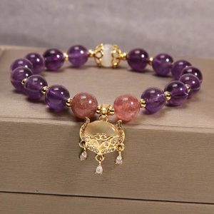 Buddha Stones Natural Amethyst Strawberry Quartz Cat Eye Chinese Lock Charm Healing Bracelet 