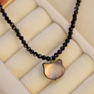 Buddha Stones Black Spinel Cute Cat Motivate Choker Necklace Bracelet Necklaces & Pendants BS main