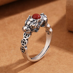 Buddha Stones PiXiu Copper Coin Red Agate Wealth Luck Ring Ring BS PiXiu(Wealth♥Luck)