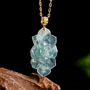 Buddha Stones 18K Gold Natural Jade Lotus Pattern Prosperity Necklace Pendant Necklaces & Pendants BS Jade(Prosperity♥Abundance)