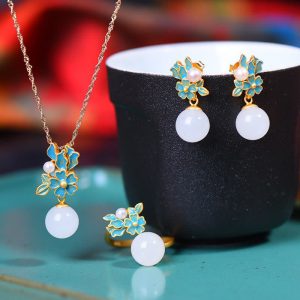 Buddha Stones White Jade 925 Sterling Silver Pearl Flower Blessing Necklace Pendant Ring Earrings Bracelet Necklaces & Pendants BS Gold 3Pcs(Ring&Necklace&Earrings)
