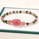 Buddha Stones Moonstone Strawberry Quartz Tourmaline PiXiu Healing Bracelet Bracelet BS Tourmaline(Wrist Circumference 14-16cm)