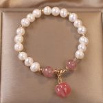 Buddha Stones Natural Pearl Strawberry Quartz Peach Love Heart Wisdom Charm Bracelet