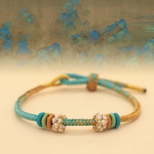 Buddha Stones Handmade Eight Thread Peace Knot Peach Blossom Knot Luck Rope Braided Bracelet Bracelet BS A Panorama Of Rivers And Mountains(Green Yellow) (Wrist Circumference 14-18cm)