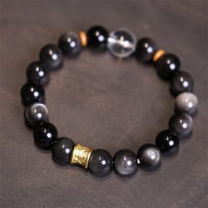 Buddha Stones Natural Silver Sheen Obsidian Crystal Om Mani Padme Hum Bead Protection Bracelet Bracelet BS Silver Sheen Obsidian White Crystal