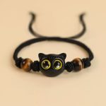 Buddha Stones Cute Ebony Wood Cat Head Pattern Peace Bracelet Bracelet BS Ebony Cat Tiger Eye Rope Bracelet(Wrist Circumference 14-18cm)