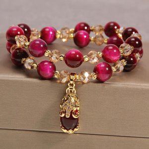 Buddha Stones Tiger Eye Pixiu Fox Money Bag Protection Self Confidence Double Wrap Bracelet Bracelet BS Red Tiger Eye&Pixiu