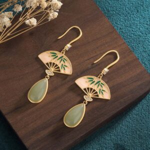 Buddha Stones Natural Green Aventurine Fan Pattern Luck Drop Earrings Earrings BS Bamboo Leaves