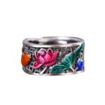 Buddha Stones Copper Blue Enamel Lotus Heart Sutra Koi Fish Luck Ring Ring BS 10