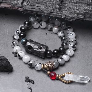 Buddha Stones Black Rutilated Quartz Ebony Wood White Crystal Success Couple Bracelet Bracelet BS 18cm