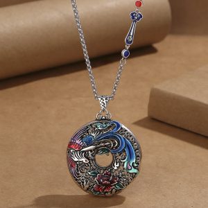 Buddha Stones Phoenix Peony Flower Luck Protection Necklace Pendant Necklaces & Pendants BS Phoenix Peony&Ruyi Handle Chain