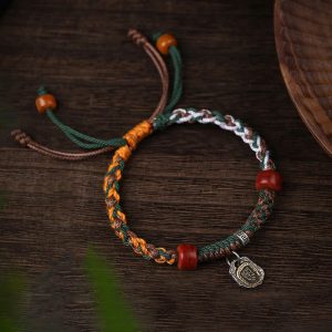 Buddha Stones Handmade Tibetan Silver 925 Sterling Silver Zakiram Goddess of Wealth Camel Bone Protection Braided Bracelet Bracelet BS 16-18cm 925 Sterling Silver