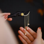Buddha Stones Ebony Wood Yellow Flower Pearl Tassels Hairpin Hairpin BS 2