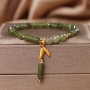 Buddha Stones Green Bamboo Jade Leaf Pattern Wealth Luck Bracelet Bracelet BS Green Bamboo Leaf(Wrist Circumference 14-15cm)