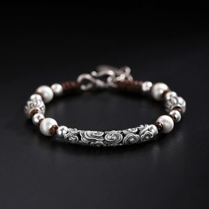 Buddha Stones Tibet Handmade Copper 999 Sterling Silver Auspicious Cloud Wealth String Bracelet