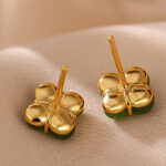 Buddha Stones 925 Sterling Silver Plated Gold Natural Cyan Jade Four Leaf Clover Luck Stud Earrings Earrings BS 4