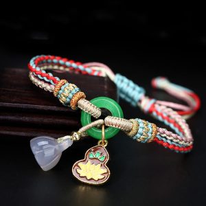 Buddha Stones Colorful Rope Chalcedony Lotus Jade Peace Buckle Harmony Gourd Charm Bracelet Bracelet BS Lotus Colorful Rope(Bracelet Size 13+10cm)