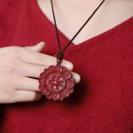 Buddha Stones Natural Cinnabar Lotus Om Mani Padme Hum Blessing Necklace String Pendant Necklaces & Pendants BS 3