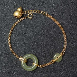 Buddha Stones Round Jade Peace Buckle Gourd Fu Character Auspicious Prosperity Chain Bracelet Bracelet BS Jade(Prosperity♥Abundance)