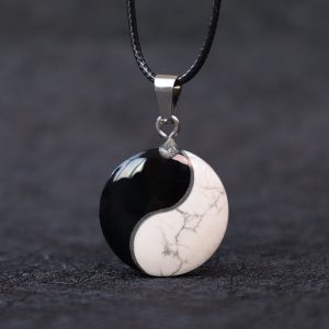 Buddha Stones Natural Black Obsidian White Turquoise Yin Yang Transformation Rope Necklace Pendant 1