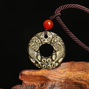 Buddha Stones Gold Sheen Obsidian Peace Buckle Pixiu Copper Coin Wealth Necklace Pendant Necklaces & Pendants BS Gold Sheen Obsidian