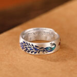 Buddha Stones 999 Sterling Silver Peacock Auspicious Clouds Engraved Lotus Flower Fortune Ring