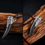 Buddha Stones 925 Sterling Silver Black Obsidian Wolf Tooth Pattern Strength Necklace Pendant Necklaces & Pendants BS 8
