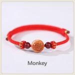 Buddha Stones Natural Peach Wood Chinese Zodiac Fu Character Carved Cinnabar Wealth Bracelet Bracelet BS Monkey-Red(Wrist Circumference 14-22cm)