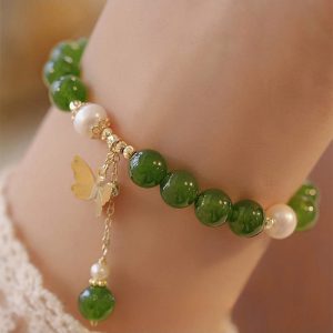 Buddha Stones Natural Green Chalcedony Pearl Butterfly Courage Strength Bracelet Bracelet BS Green Chalcedony(Strength♥Courage)(Wrist Circumference 14-16cm)