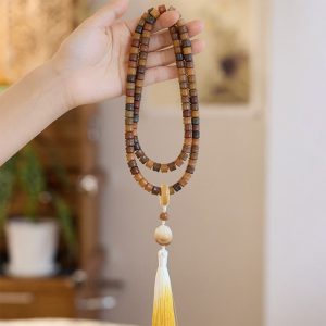 Buddha Stones 108 Mala Beads Bodhi Seed Buddha Hand Lotus Engraved Harmony Bracelet Mala Bracelet BS Dunhuang Color Bodhi Seed