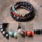 Buddha Stones Ebony Wood Red Jasper Moss Agate Crystal Copper Peace Couple Bracelet Bracelet BS 14