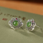 Buddha Stones 925 Sterling Silver Natural Hetian Cyan Jade Hollow Design Luck Ring Earrings Set Bracelet Necklaces & Pendants BS 10