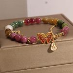 Buddha Stones Natural Colorful Tourmaline Butterfly Auspicious Character Gourd Charm Positive Bracelet Bracelet BS 3