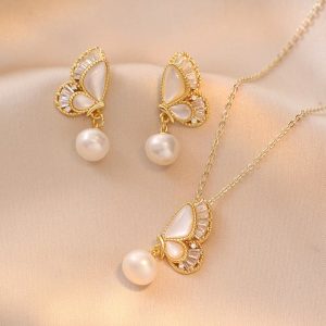 Buddha Stones Tridacna Stone Pearl Bead Butterfly Healing Necklace Pendant Earrings Set Bracelet Necklaces & Pendants BS 2Pcs(Necklace&Earrings)
