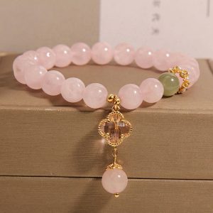 Buddha Stones Natural Pink Crystal Four Leaf Clover Soothing Bracelet Bracelet BS Pink CrystalWrist Circumference: 14-17cm)