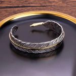 Buddha Stones Feather Pattern Carved Luck Wealth Cuff Bracelet Bangle Bracelet Bangle BS 6