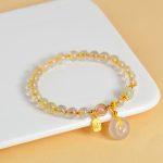 Buddha Stones Natural Golden Rutilated Quartz Fu Character Peace Buckle Charm Wealth Bracelet Bracelet BS 1