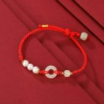 Buddha Stones 925 Sterling Silver Plated Gold Hetian Jade Peace Buckle Pearl Luck Bracelet Bracelet BS Red Rope(Wrist Circumference 14-16cm)