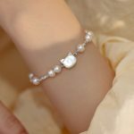 Buddha Stones Pearl Cat Head Tridacna Stone Silver Chain Healing Bracelet 1
