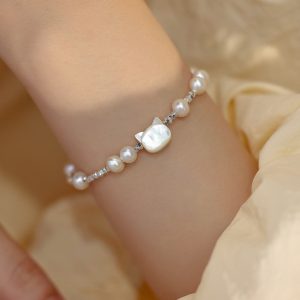 Buddha Stones Pearl Cat Head Tridacna Stone Silver Chain Healing Bracelet 1