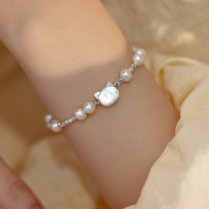 Buddha Stones Pearl Cat Head Tridacna Stone Silver Chain Healing Bracelet 1