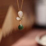 Buddha Stones Natural Butterfly Tridacna Stone Cyan Jade Copper Plated Gold Calm Necklace Pendant Ring Earrings Set Bracelet Necklaces & Pendants BS Necklace