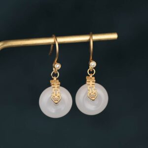 Buddha Stones White Jade Double Happiness Fortune Earrings Earrings BS White Jade