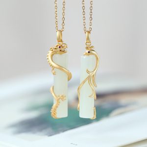 Buddha Stones Jade Dragon Phoenix Copper Protection Necklace Pendant Necklaces & Pendants BS main