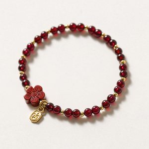 Buddha Stones 14K Gold Natural Garnet Cinnabar Flower Calm Bracelet Bracelet BS Garnet(Purification♥Protection)(Wrist Circumference 13-16cm)