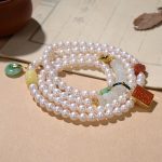 Buddha Stones 925 Sterling Silver Pearl Hetian Jade Red Agate Double Happiness Amber Luck Quadruple Wrap Bracelet Bracelet BS 1