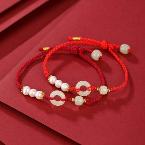 Buddha Stones 925 Sterling Silver Plated Gold Hetian Jade Peace Buckle Pearl Luck Bracelet Bracelet BS main