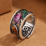 Buddha Stones Copper Blue Enamel Lotus Heart Sutra Koi Fish Luck Ring Ring BS 2